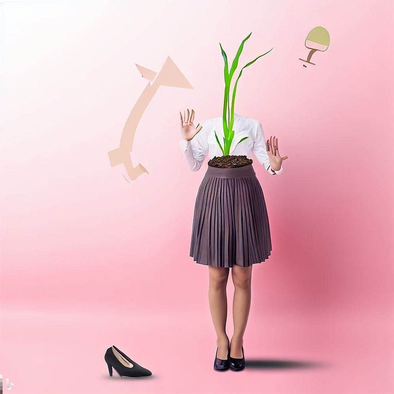 Image of a thin woman, wearing a brown pleated skirt and white shirt but it’s a planter where here waist would be and a green plant is coming out of it. An I don’t think she likes it. Pink background. AI art through Bing is nooooot the best.