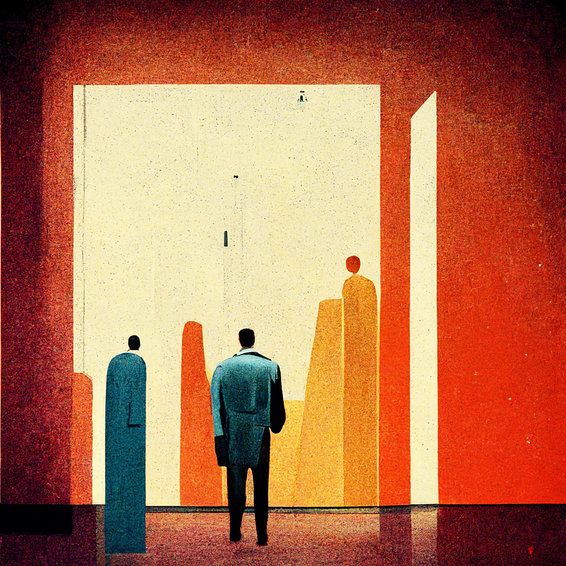 Image of a backlit person with wide shoulders and a traditional grey-blue suit standing in the middle of a large archway with other figures that look abstractly businessy in yellow, red, and blue.